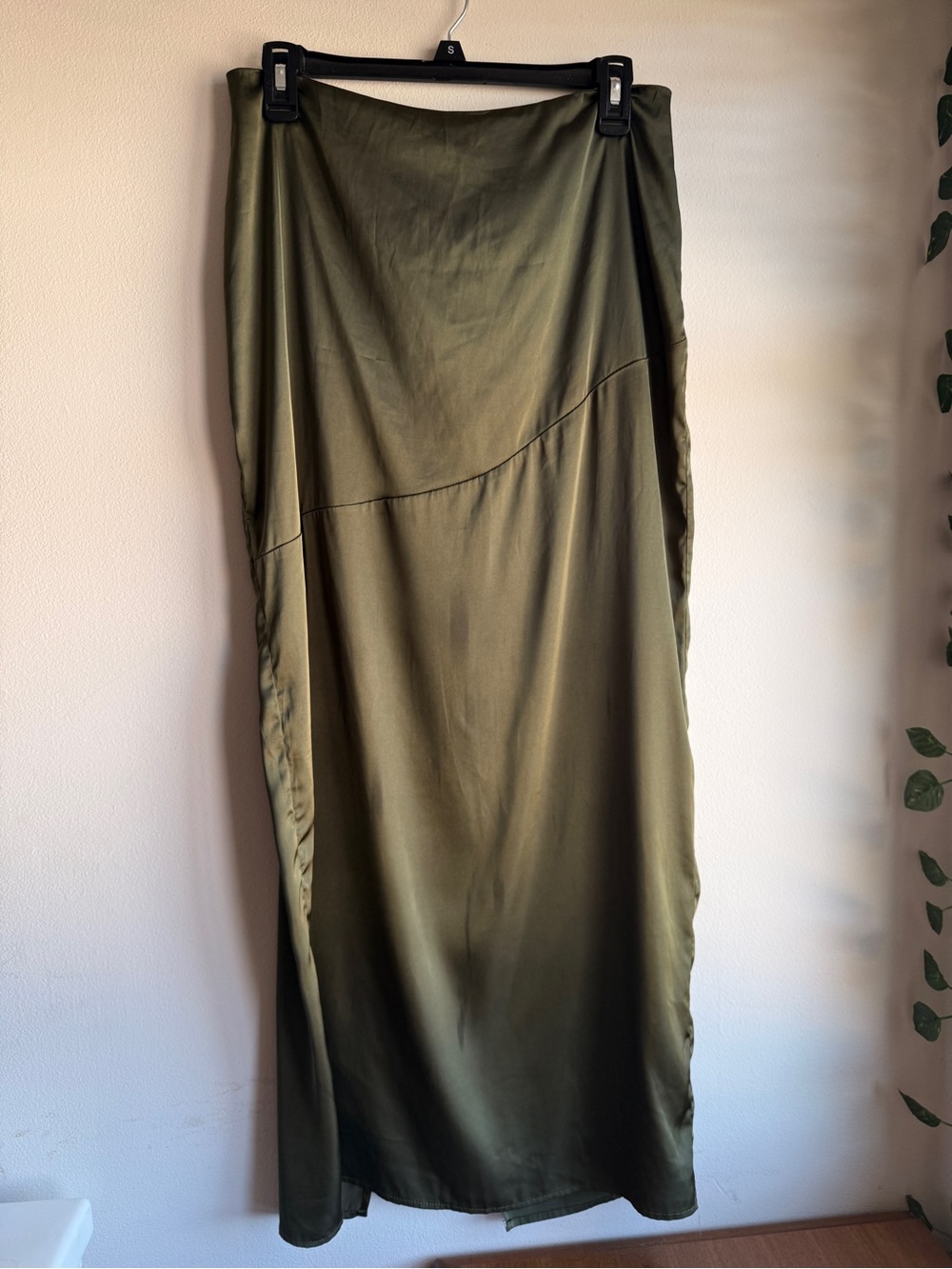 Forever 21 Olive Green Satin Midi Skirt Asymmetrical Seam Stretch L